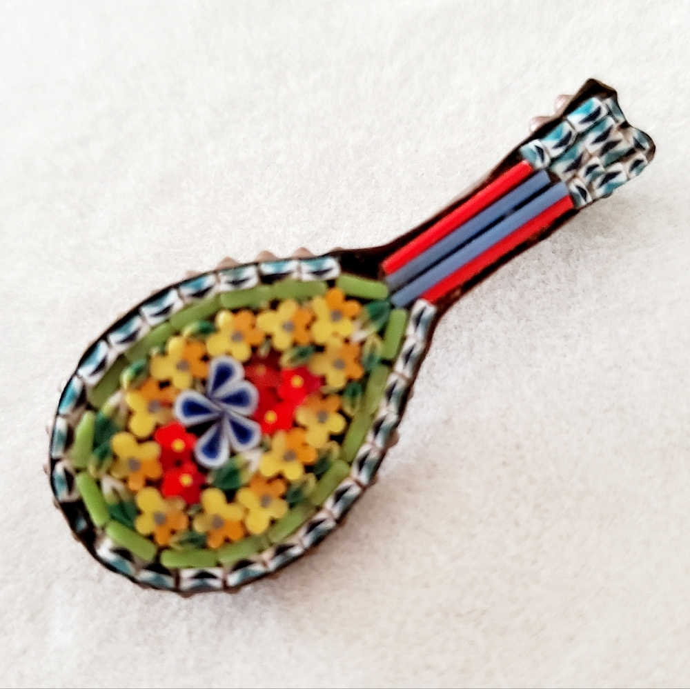 Vintage Italian Mosaic Brooch Mini Mandoline Brass Metal Base Collector's Piece